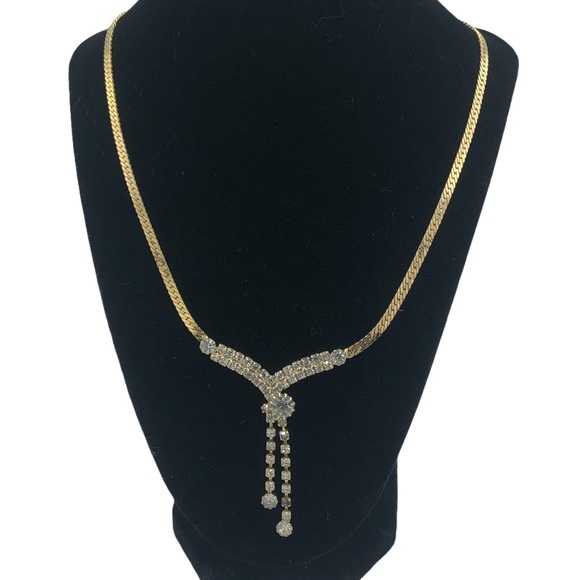 Jewelry - Gold Tone Necklace Herringbone Lariat Rhinestone Statement Fringe